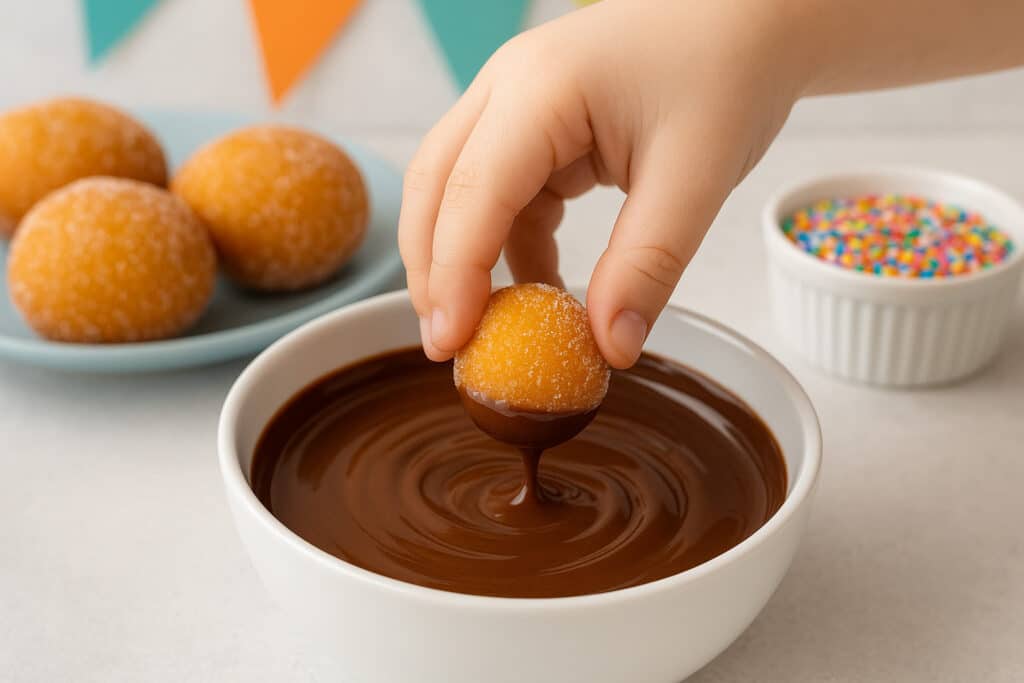3-Ingredient Keto Donut Holes: Air Fryer Bite-Sized Magic 9 dipping keto donut hole in chocolate