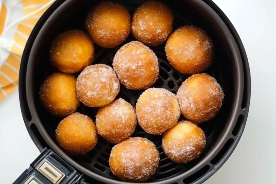 3-Ingredient Keto Donut Holes: Air Fryer Bite-Sized Magic 10 keto donut holes in air fryer basket cooking