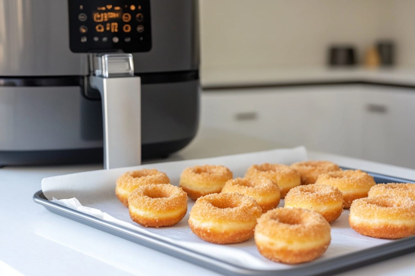 Keto air fryer donuts ready for storage on wooden counter
