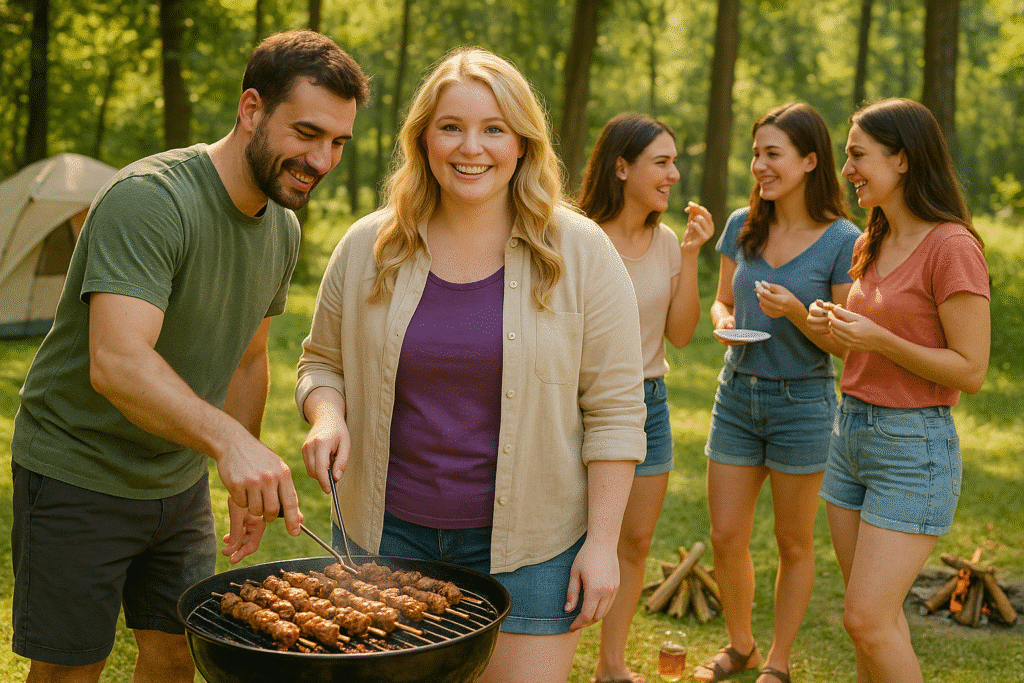 About me 2 Riley grilling with friends at a forest BBQ