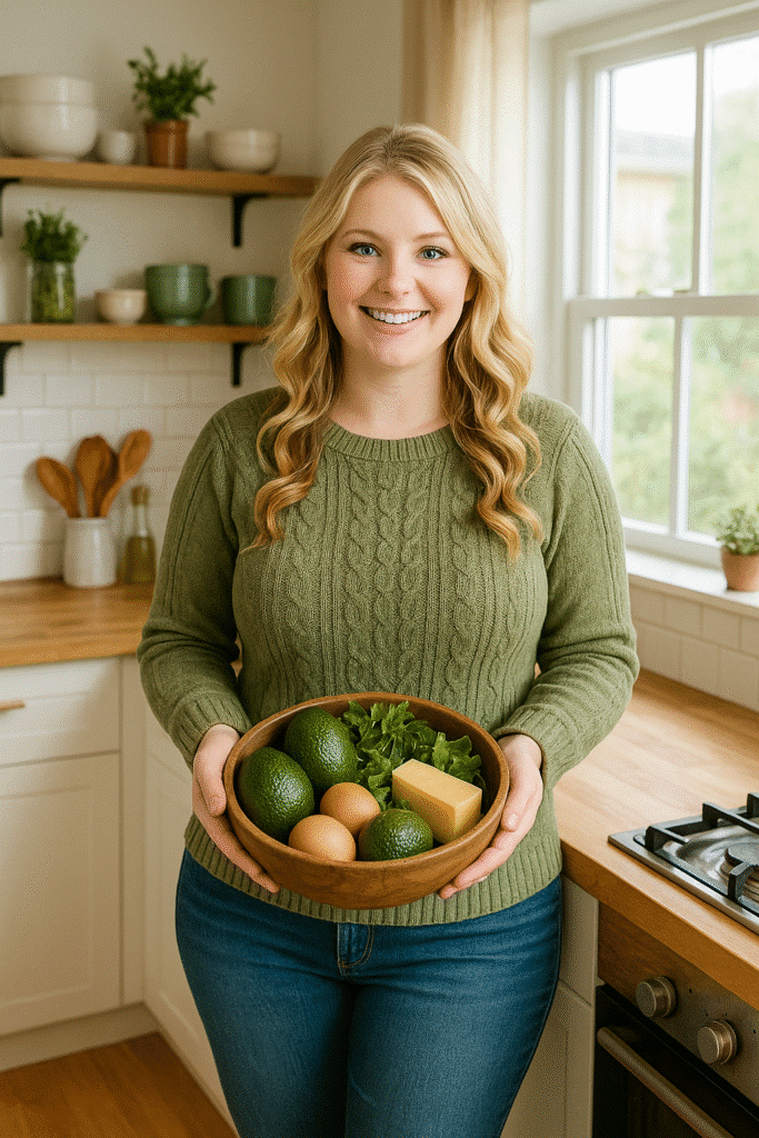 About me 1 Riley smiling in her kitchen holding a bowl of keto ingredients