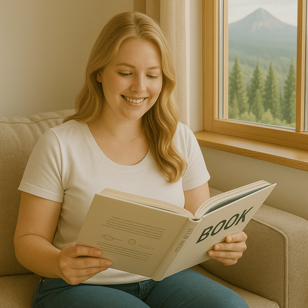Riley reading a book by the window with a mountain view.